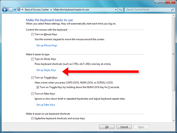ease of access sticky keys