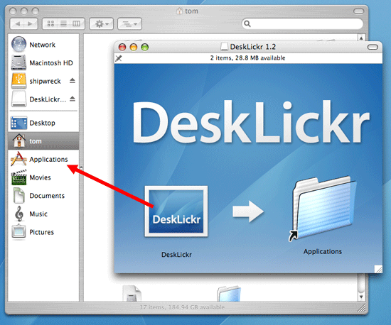 Dragging an app icon to a new Finder window.