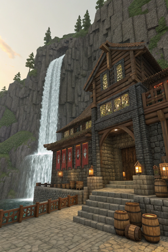 Minecraft Viking House Ideas: Cliffside Mead Hall with a Waterfall
