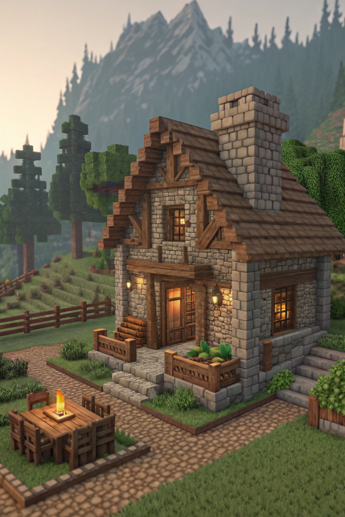 Minecraft Mountain Cabin Ideas : Rustic Stone Cabin