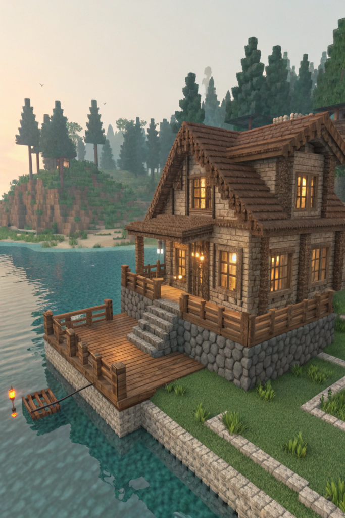 Minecraft Mountain Cabin Ideas: Secluded Lakeside Cabin