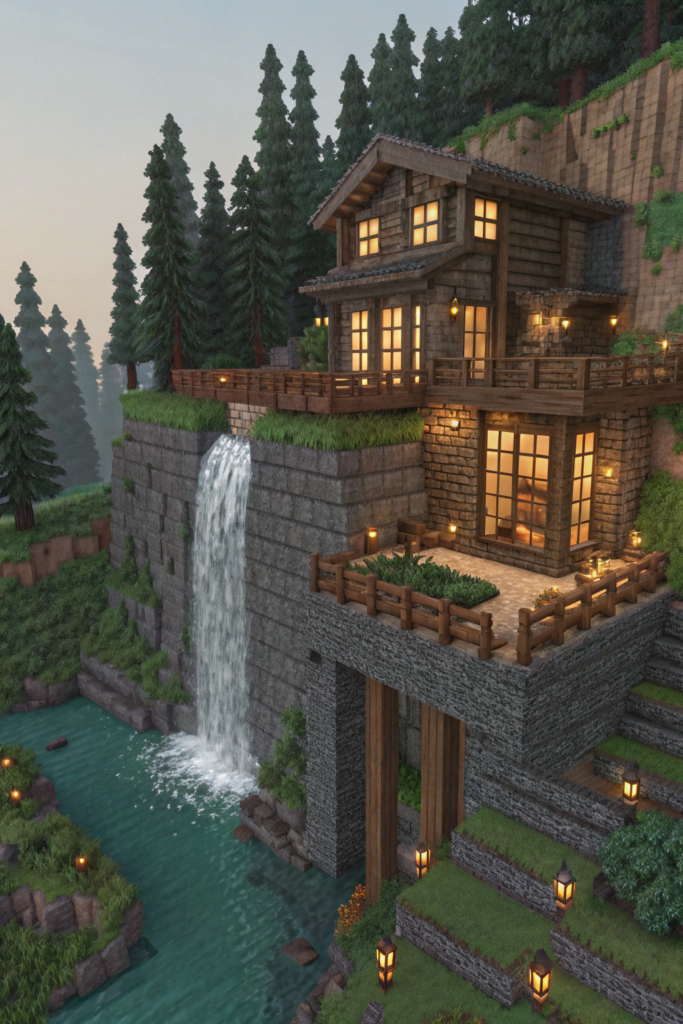 Minecraft Mountain Cabin Ideas: Cliffside Waterfall Retreat