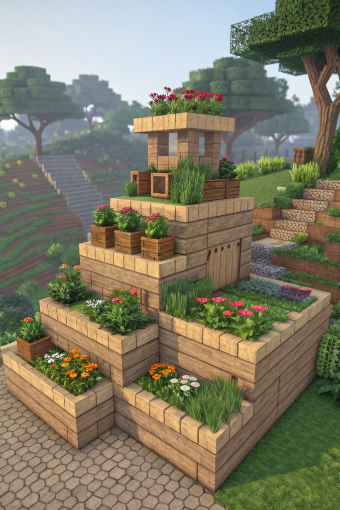 Minecraft Bed Garden Layouts Ideas: The Tiered Garden Design