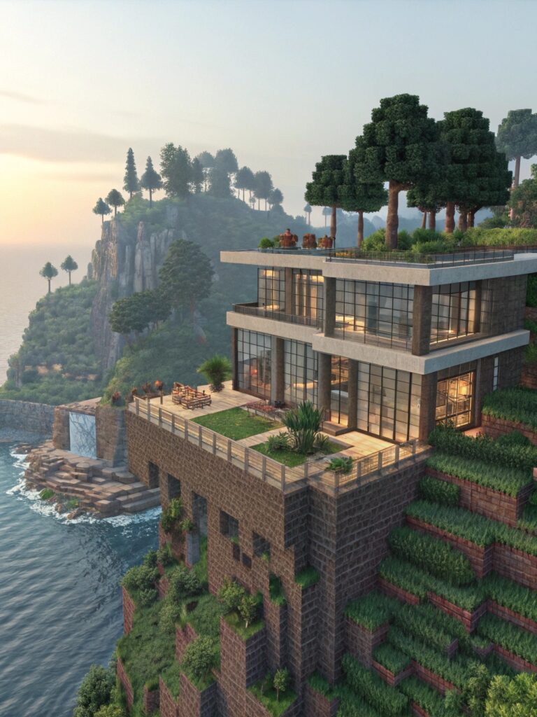 Minecraft Cliff House Ideas : Modern Cliffside Mansion