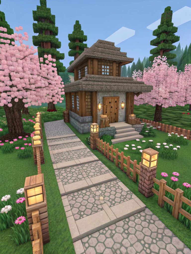 Cherry Blossom House Minecraft Builds:
Building a Pathway and Entrance