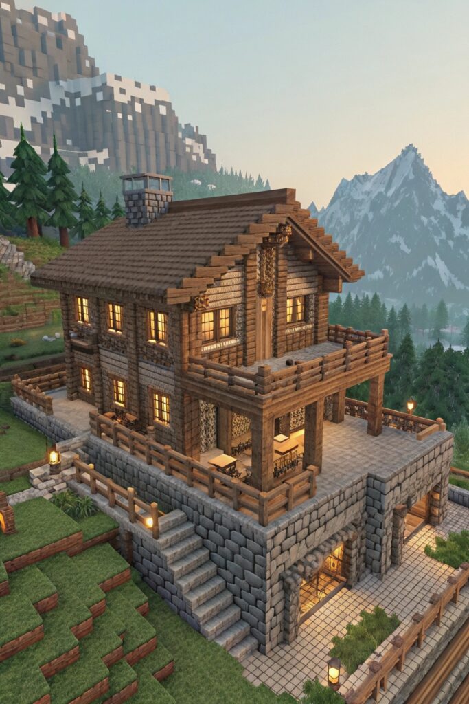 Minecraft House Templates: Mountain Lodge Blueprint