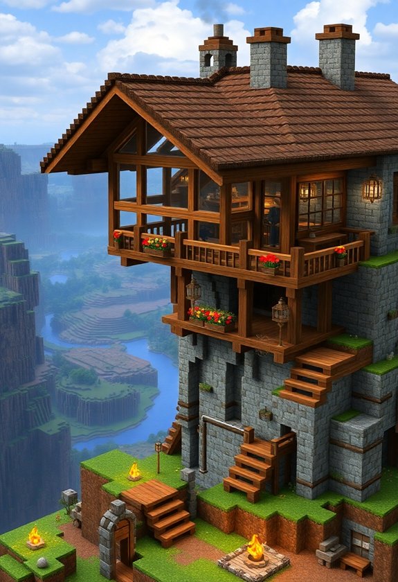 Minecraft Cliff House Ideas : Rustic Cliff Lodge